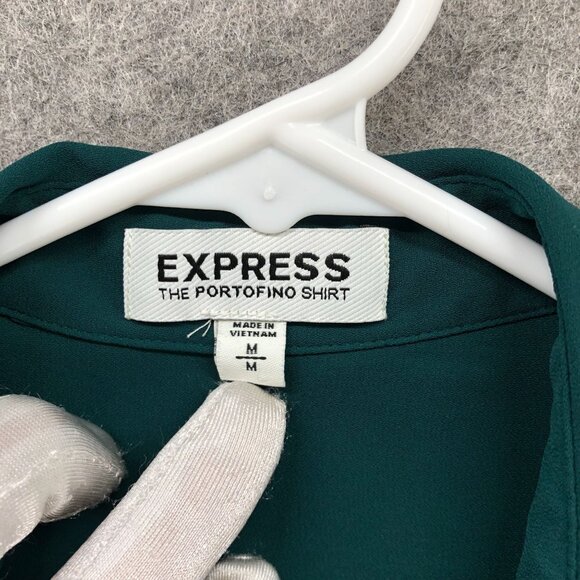 Express Portofino Shirt Womens M Emerald Green Chiffon Roll Tab Sleeve - Picture 5 of 9